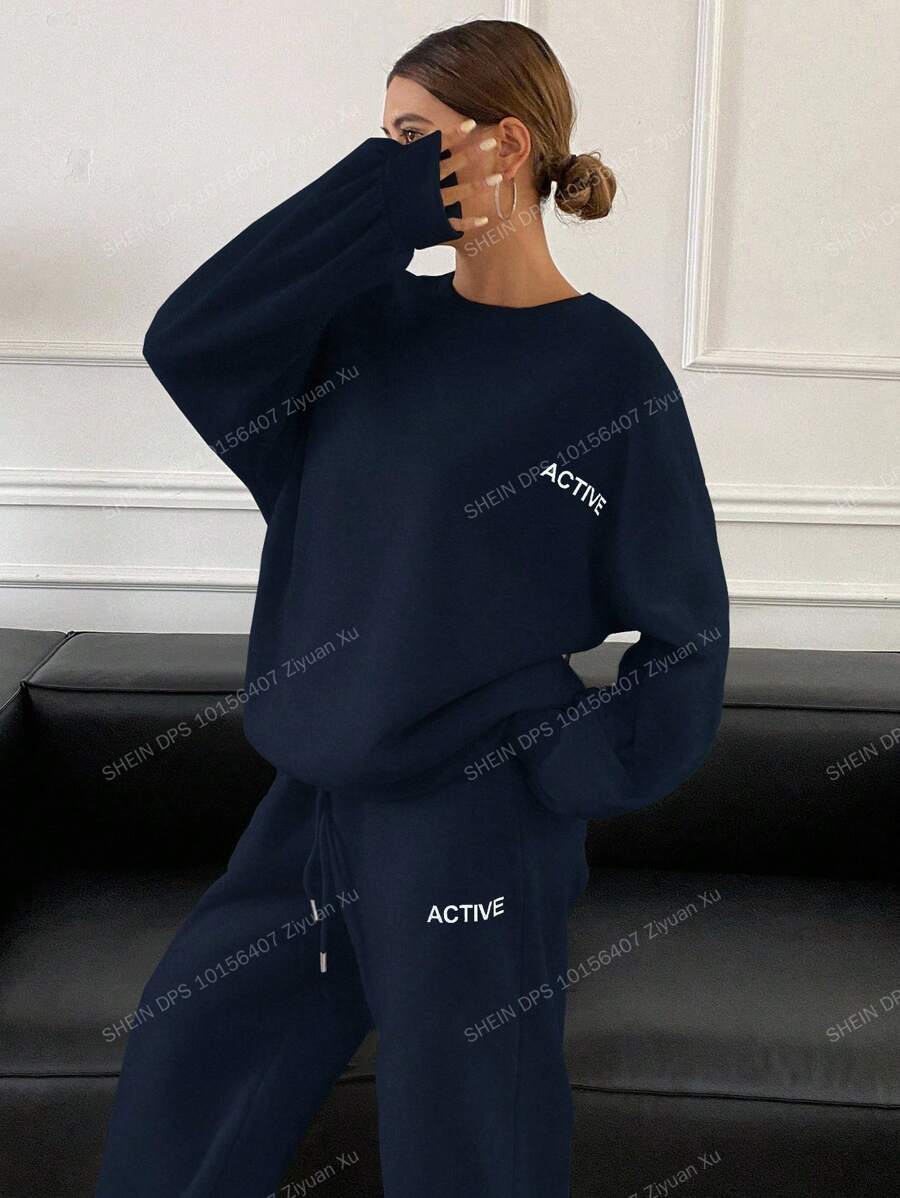 DAZY 2件套女士宽松休闲服，秋季新品，返校季运动套装，女士家居服套装 - 藏蓝色 - 查看 1