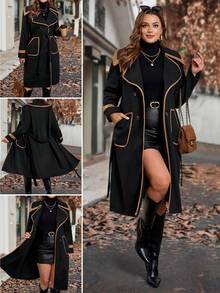 Ellevyn معطف كاجوال من الصوف بياقة وأكمام طويلة ومزدوج الصدر لحريمي بمقاسات كبيرة - الأسود - مشاهدة 8