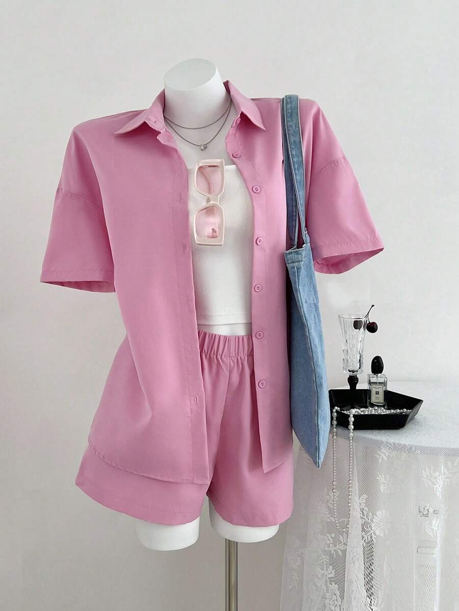 Elamini 2pcs/Set Women's Solid Button Front Short Sleeve Casual Top And Shorts - Pink - View 1