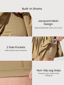 GLOWMODE 凉爽舒适，收腹提臀，无缝腰部褶裥裙，内置短裤，侧边口袋，防滑手柄，适合网球、高尔夫、健身房和日常休闲穿着。 - 駝色 - 查看 4