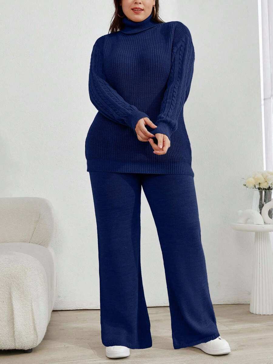 EURMUSE Turtleneck Drop Shoulder Sleeve Sweater And Pants Set - Navy Blue - View 1