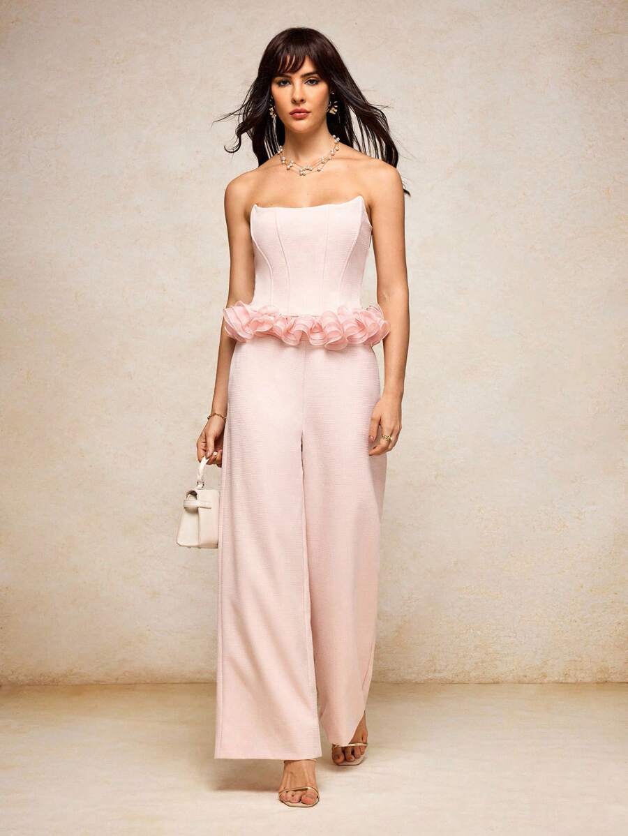 EDEN Summer Jacquard Straight Leg Pants Elegant Pink Pants Wedding - Baby Pink - View 1