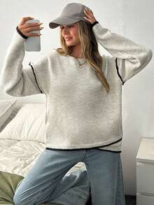 EURMUSE Pull tricoté col rond coupe décontractée avec passepoil contrasté ondulé - Sweater côtelé avoine chiné pour la rentrée scolaire - Beige - Voir 4