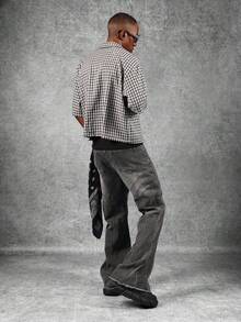 SUMWON Grunge风格阔腿喇叭牛仔裤，宽松版型，拼接牛仔布，复古Y2K都市街头风，做旧毛边裤脚，纯色 - 黑色 - 查看 6