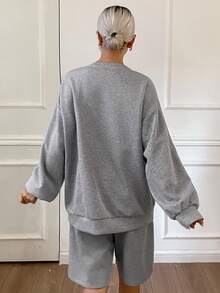 DAZY 2 pièces Ensemble de pyjama femme avec haut à manches longues imprimé anglais et short ample avec bordure contrastée, vêtements d'automne - Gris - Voir 2