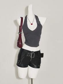 SHEIN ICON Women's Slim Fit Casual Halter Neck Solid Color Adjustable Buckle Tank Top