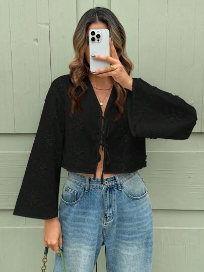 SHEIN Clasi Women's Solid Color Three-Dimensional Embroidery Front Tie Casual Summer Shirt