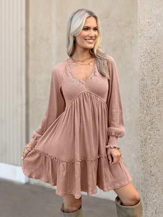 Wildy Autumn/Winter New Romantic Country Style Pink Doll Ruffle Hem Knit Fabric Short Dress Long Sleeve Dress Flowy Short Dress Casual Dress Ruffle Dress V-Neck Dress Flowy Dress Tiered Dress
