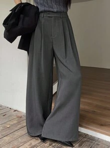DAZY 女士宽松口袋阔腿裤，休闲街头风西装裤，秋冬商务装 - 深灰色 - 查看 7