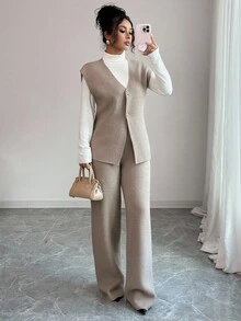 Siren Gaze 2 peças femininas cor sólida decote em V botão cardigan suéter colete e calças terno casual, conjunto confortável, suéter feminino 2 peças roupa outono/inverno - Damasco - Ver 5