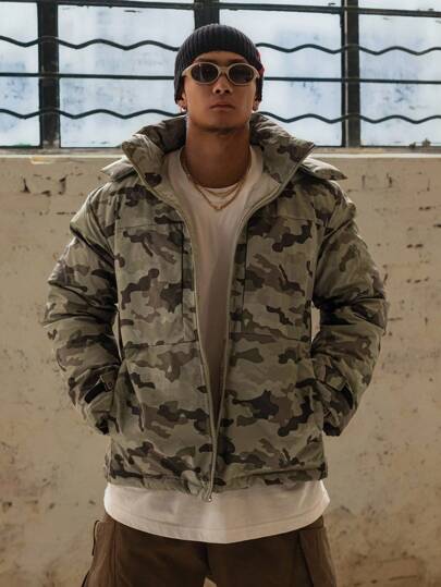 DAZY Men's Thick Hooded Padded Coat, Floral Camouflage Military Green, Winter Jacket