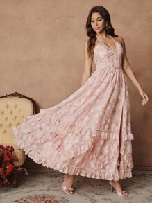 SHEIN Unity 优雅浪漫花卉刺绣长裙，配珍珠链、系带设计和荷叶边下摆，适合度假、约会、百搭、春夏季 - 粉色 - 查看 6