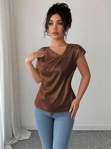 Franclia Áo sơ mi nữ kiểu Pháp có nơ, cổ áo bất đối xứng màu mơ - màu nâu - Xem 5