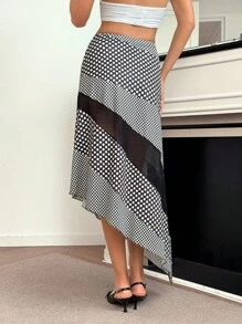 Roylia Women's Elegant Fashion Fitted Polka Dot Contrast Lace Hem Asymmetric Hem Skirt, Spring/Autumn Casual Outfits Spring - Black - View 2