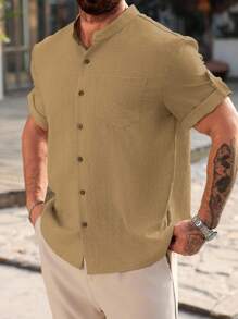 Manfinity Homme Plus Size Men's Casual Solid Color Short Sleeve Loose Fit Shirt, Summer - Beige - View 3