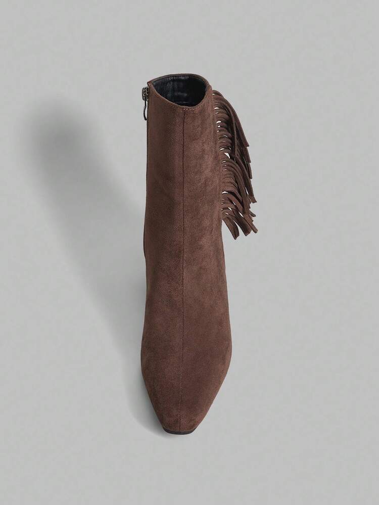 Vintage Design Fringe Ankle Boots, Suede, Brown, Flat Heel, Square Toe, Slim Fit