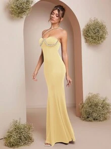 L'Amorae Pearl Embellished Bustier Mermaid Maxi Dress - Yellow - View 4