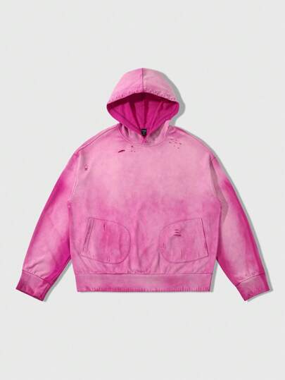 Street Life Men's Washed Distressed Pink Hoodie, Loose Cropped Style