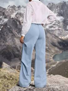 Pantalones vaqueros casuales anchos con bolsillos y pliegues para mujer - Azul - Ver 2
