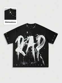 ROMWE MEN Street Life Black Round Neck Short Sleeve Rap Punk Rhinestone Streetwear Style T-Shirt For Men - Black - View 8