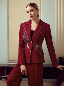ZEYLAH 2pcs Elegant Red Embroidered Jacket & Pants Suit Set Fall Cloth For Women - Burgundy - View 2