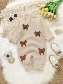 SHEIN جمبسوت كاجوال مريحة بأكمام طويلة للاستخدام اليومي للأطفال الرضع والصغار، مزينة برسومات الدب الكيوت بتقنية الجاكار المحبوكة