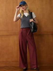 Écloséra Elegant Loose Straight Pleated Solid Color Pants, Spring/Summer Fall Cloth For Women - Red - View 6