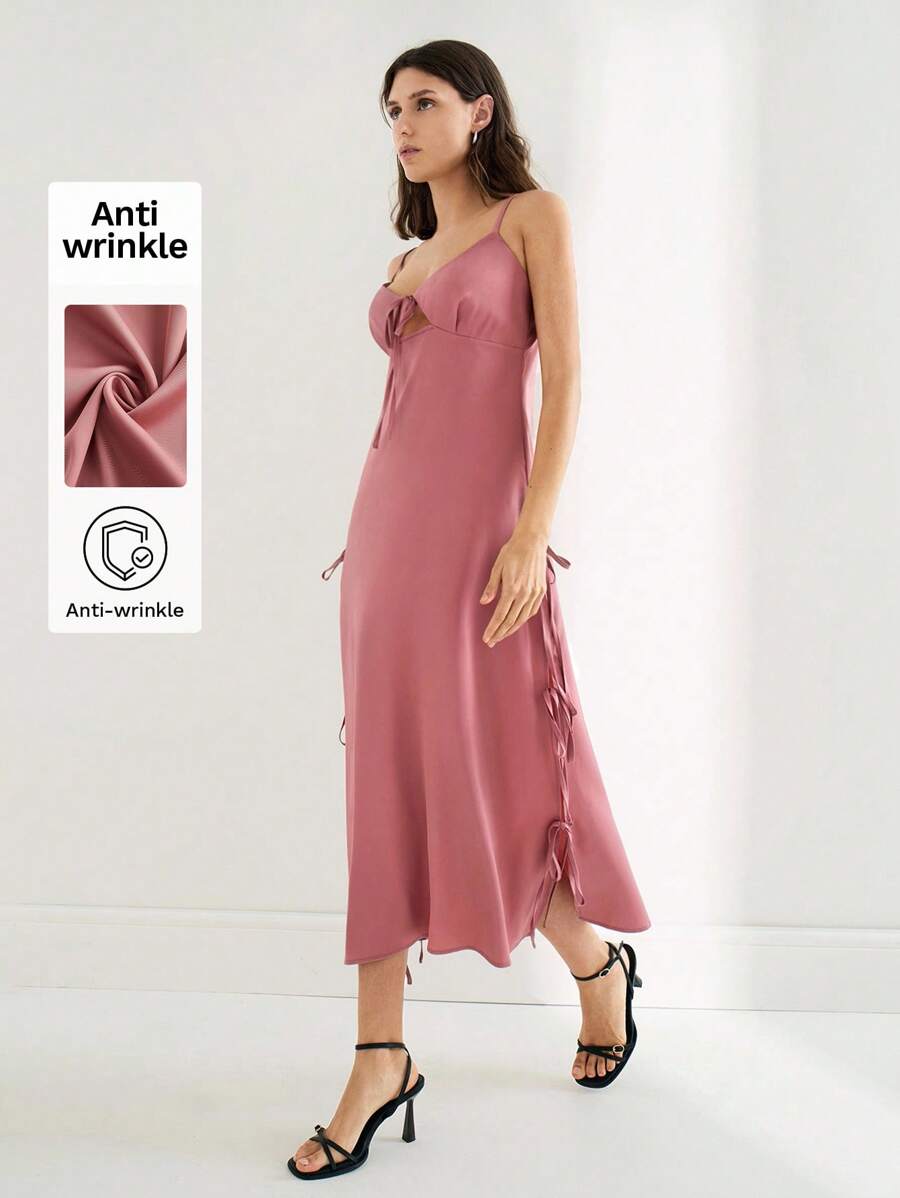 Maija Damen Fuchsia Kleid mit Schlitz an der Seite, Leinen, Schleife, Spaghettiträger, Frühling/Sommer, ärmelos, verstellbare Träger, moderat elegant, vielseitig, bequemes Design, geeignet für Konzerte, Pendeln, gesellige Anlässe