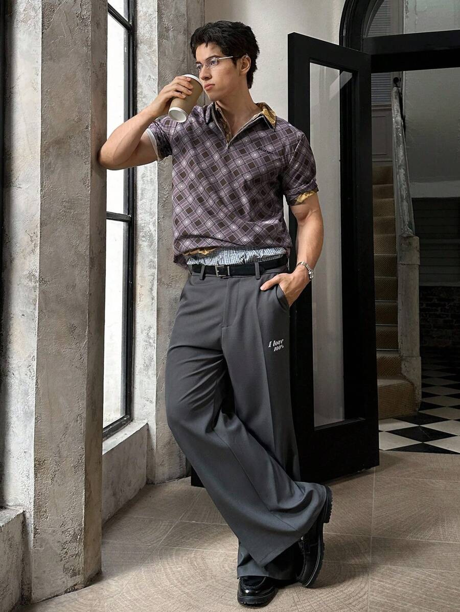 SWAVVY Áo thun polo dệt kim kẻ caro tay ngắn rộng rãi cho nam - Màu tím - Xem 1