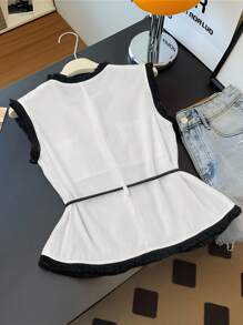 GlowEve 女式白色圆领无袖休闲衬衫，带流苏饰边和前扣 - 白色 - 查看 2