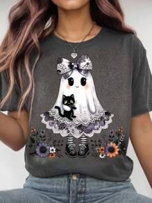 EMERY ROSE 夏季休闲万圣节鬼怪印花短袖T恤,万圣节T恤,万圣节可爱鬼怪T恤,惊悚鬼怪T恤,秋季可爱蝴蝶结T恤,黑猫万圣节
