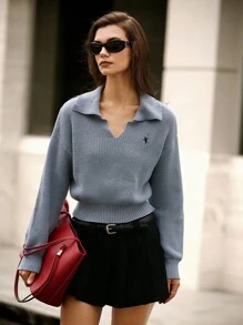 Qadelle Autumn/Winter Turndown Collar Fashionable Embroidered Knit Sweater Knit Pullover Fall - Grey - View 4