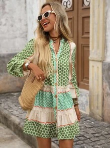 Brillora Women's Floral Wavy Striped Single-Breasted Lantern Sleeve Casual Mini Dress, Boho Dress Women, Summer Long Sleeve Dress, 70s Dress, Cottagecore Dress, Italian Summer Dress,Bohemian,Boho Chic,Boho Women Clothing,Western Wear Women,Western,Fall Clothes For Women,Fall Dress,Halloween Clothes Women,Going Out Outfits,Old Money Style Women,Old Money Dress, - Green - View 3