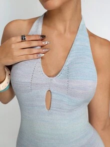 Flirla Women's Ombre Hollow Design Halter Neck Fitted Knit Dress - Baby Blue - View 6