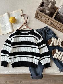 SHEIN 儿童/男童休闲日常百搭舒适黑白条纹圆领厚针织毛衣 - 彩色 - 查看 5