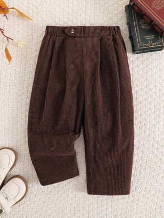 Souflis Souflis 1pc Baby Boys Casual Retro Comfortable Corduroy Pleated Pants, Suitable For Daily Wear Fall Winter