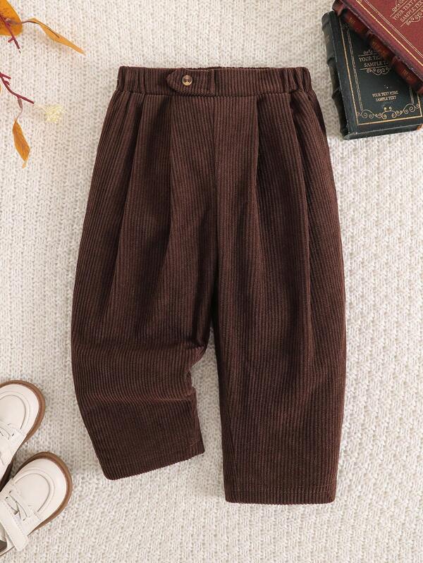 Souflis Souflis 1pc Baby Boys Casual Retro Comfortable Corduroy Pleated Pants, Suitable For Daily Wear Fall Winter