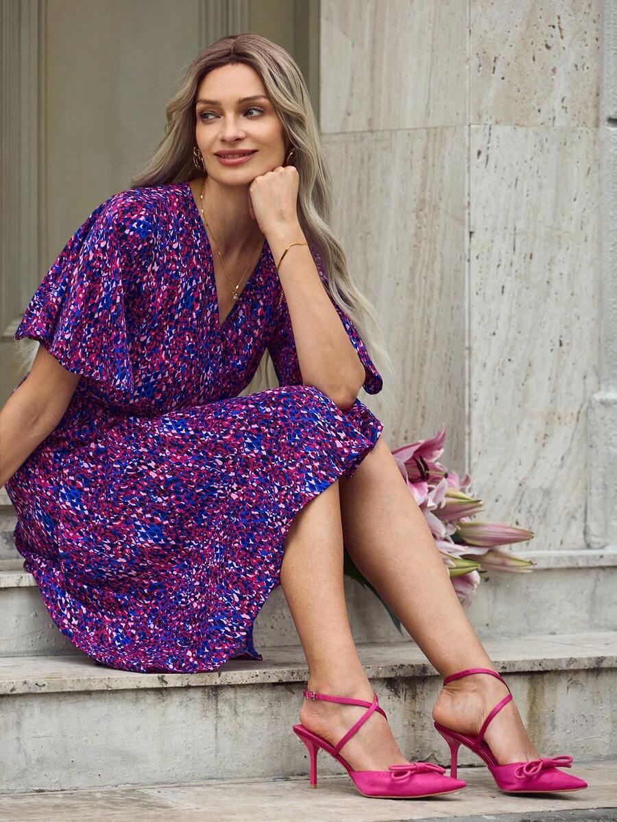EMERY ROSE Allover Print Butterfly Sleeve Split Thigh Belted Dress - Multicolor - View 1