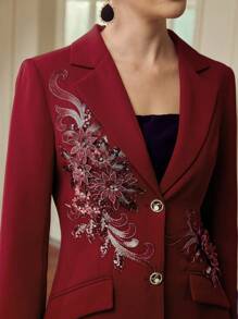 ZEYLAH 2pcs Elegant Red Embroidered Jacket & Pants Suit Set Fall Cloth For Women - Burgundy - View 1