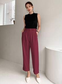 SHEIN Cottnline بنطلون نسائي كاجوال بجيوب مائلة وطيات مطوية، لون أحادي، مناسب للتنقل اليومي - عنابي اللون - مشاهدة 5