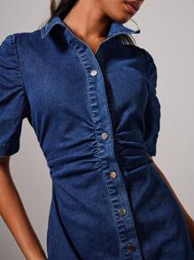 COSMINA 女士时尚通勤褶饰合身前扣牛仔连衣裙教师装；外出装 - 深色水洗藍 - 查看 4