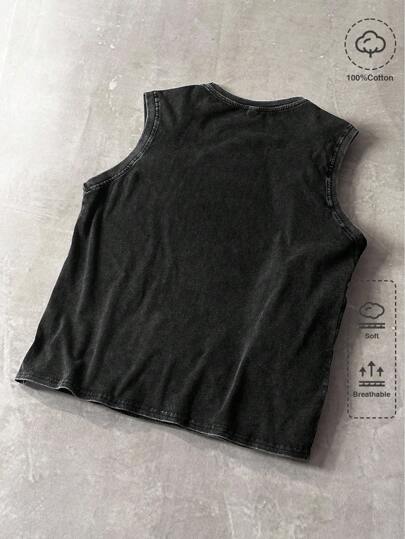 Goth Débardeur délavé à col rond sans manches avec imprimé gothique sombre, Halloween