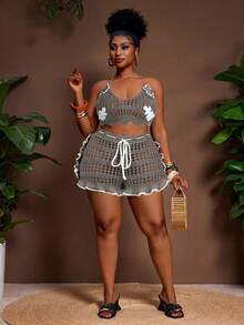 Slaydiva 2025春夏新款休闲度假日常街头夜店镂空性感半透明音乐节沙滩装，优雅钩针拼接露背短款上衣和短裤套装，适合派对、生日等场合，黑白撞色设计，手工针织花卉装饰，大码女款两件套 - 摩卡棕 - 查看 6