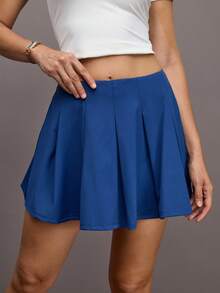 Activina Summer Casual Solid Color Pleated Sports Skirt Shorts - Navy Blue - View 6