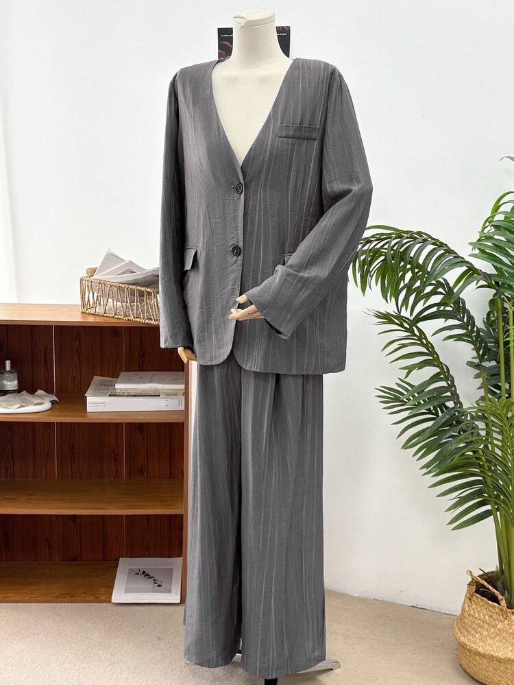 Women's Textured Striped Loose Business Casual Commute Office Wear Shirt Cardigan And Straight Leg Pants Suit, Suitable For Autumn, Spring And Summer