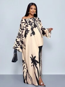 SOLERSUN 加大码波西米亚花卉定位印花露肩长袖不对称下摆休闲通勤白衬衫老款休闲海滩女士夏季乡村音乐会 - 杏色 - 查看 4