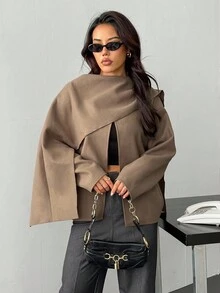 SHEIN PETITE Women's Solid Color Scarf Design Loose Casual Wool Blend Jacket Brown Jacket In Fall/Winter - Khaki - View 8