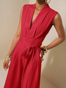 Zivah 2025春夏新款杏色无袖不对称褶饰腰带纹理连体裤-B - 紅色 - 查看 6