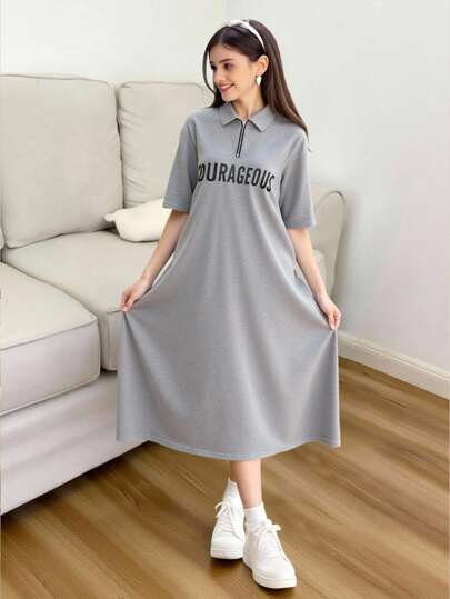 SHEIN 超大休闲街头时尚复古领金属拉链字母印花棉质针织宽松长款T恤连衣裙，适合青少年女孩，适合日常穿着，返校，灰色