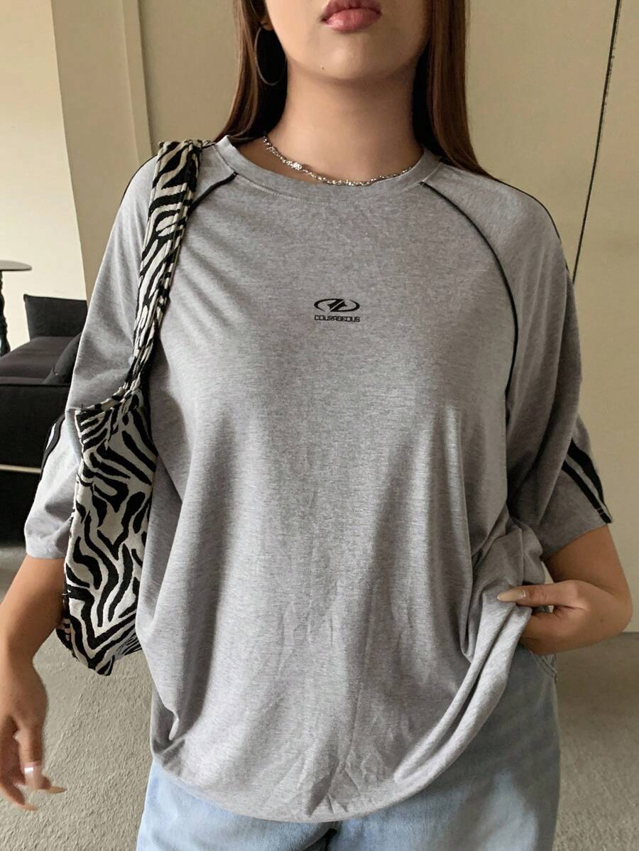 Dazy Plus Contrast Color Patchwork Ribbon Loose Round Neck 3/4 Sleeve Plus Size Street Style T-Shirt For Women, Early Autumn